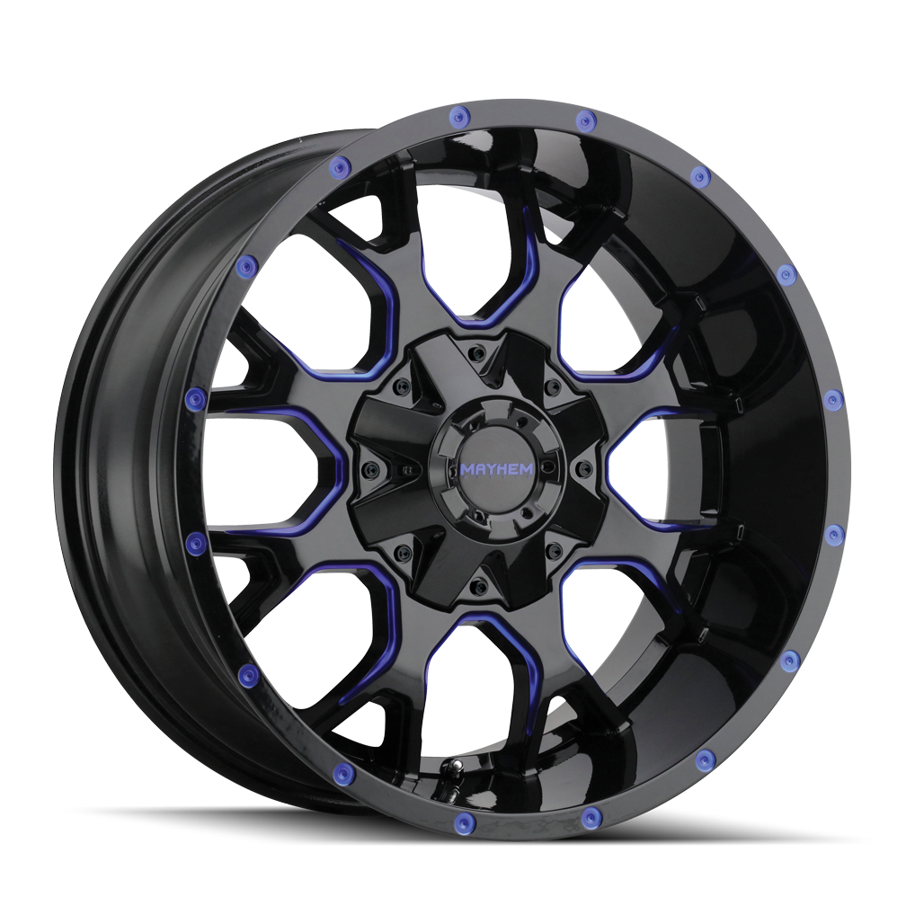 Unleash the MAYHEM WARRIOR 20x9 Gloss Black Milled Prism Blue Wheels Now!